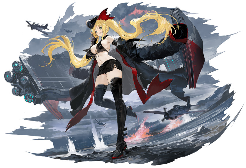 1girl alchemaniac azur_lane bare_shoulders bikini bikini_top_only black_bikini black_boots black_choker black_coat black_gloves black_hat black_skirt blonde_hair boots breasts choker coat elbow_gloves f4f_wildcat flight_deck front-tie_bikini_top front-tie_top full_body gloves green_eyes grin hat highres hornet_(azur_lane) hornet_(meta)_(azur_lane) large_breasts long_hair looking_at_viewer navel non-web_source off_shoulder official_art rigging side_slit skirt smile solo swimsuit tbd_devastator thigh_boots twintails
