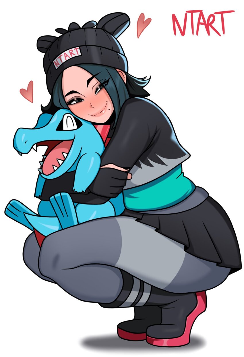 1boy 1girl artist_name beanie black_boots black_skirt blush boots closed_mouth crop_top eyeshadow fingerless_gloves full_body gen_2_pokemon gloves green_hair grey_eyes grey_pantyhose hat heart highres holding holding_pokemon hug long_sleeves looking_at_viewer makeup medium_hair miniskirt mole mole_under_mouth naughty_taboos nintendo original pantyhose parted_bangs pleated_skirt pokemon pokemon_(creature) pokemon_legends:_z-a simple_background skirt smile squatting thighs tiptoes totodile undershirt white_background