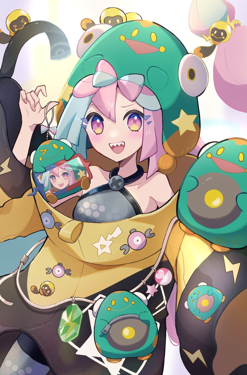 1girl absurdres aqua_hair bellibolt gen_4_pokemon haru_(haruxxe) highres iono_(pokemon) multicolored_hair nintendo oversized_clothes pink_hair pokemon pokemon_sv rotom rotom_phone tadbulb
