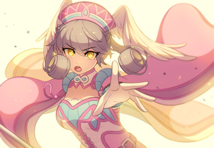 1girl blue_eyes breasts cape curly_hair dress enni gloves hat head_wings highres juliet_sleeves long_hair long_sleeves looking_at_viewer magic medium_breasts melia_antiqua o-ring puffy_sleeves short_dress silver_hair simple_background solo staff thighhighs upper_body white_background wings xenoblade_chronicles_(series) xenoblade_chronicles_1