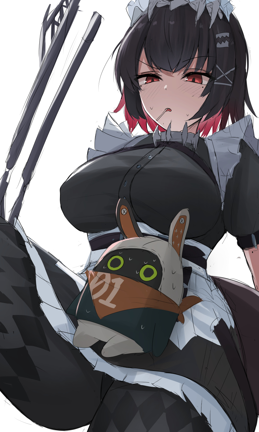 1girl 1other absurdres bangboo_(zenless_zone_zero) black_dress black_hair black_pantyhose blush breasts collar cowboy_shot dress ellen_joe eous_(zenless_zone_zero) fins fish_tail food_in_mouth hairband highres knee_up large_breasts looking_down maid maid_headdress metal_hairband namikare pantyhose puffy_short_sleeves puffy_sleeves red_eyes red_hair shark_girl shark_tail short_hair short_sleeves simple_background spiked_collar spiked_hairband spikes sweatdrop tail white_background zenless_zone_zero