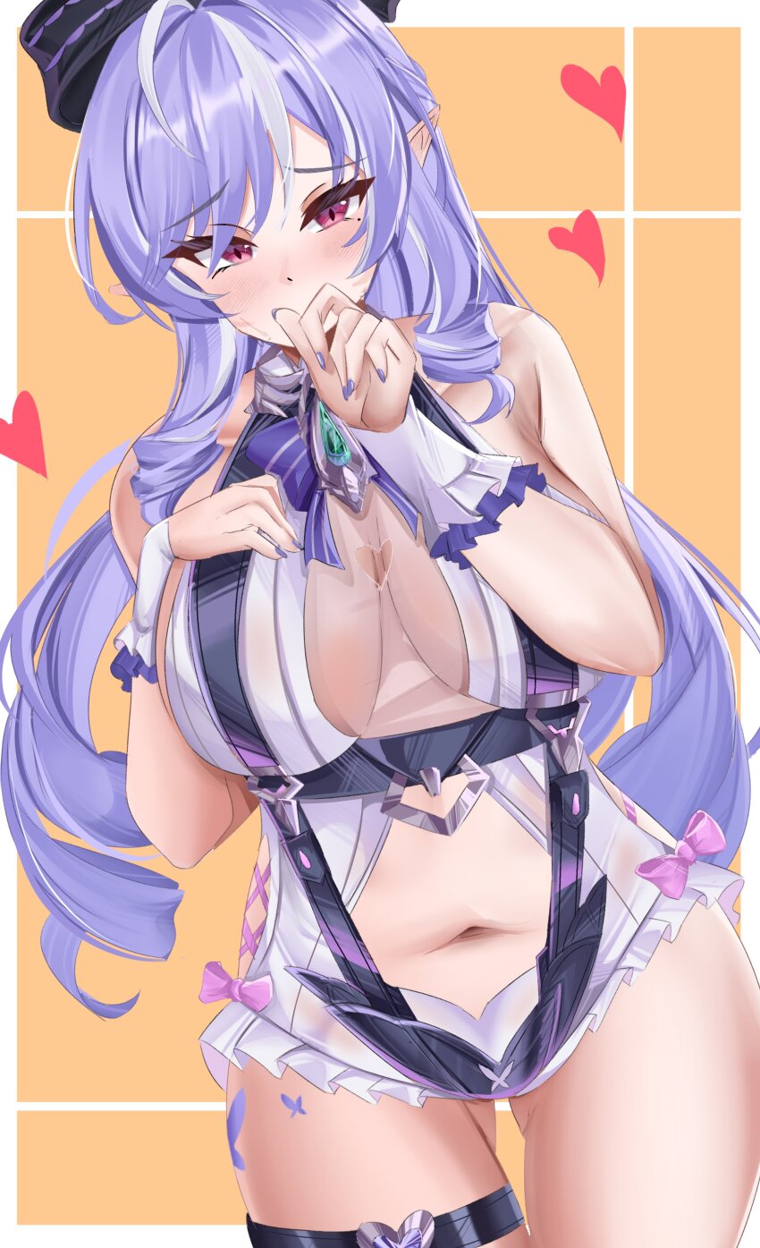 1girl absurdres ahoge blush breasts cleavage clothing_cutout covering_own_mouth drill_hair frilled_one-piece_swimsuit frills grey_hair heart heart_o-ring highres kuro_(blackpgmickey) large_breasts long_hair looking_at_viewer mole mole_under_eye multicolored_hair nail_polish navel o-ring o-ring_thigh_strap official_alternate_costume one-piece_swimsuit pointy_ears purple_hair purple_nails red_eyes solo stomach_cutout streaked_hair swimsuit thigh_strap twin_drills vivian_banshee vivian_banshee_(iris_of_the_shore) white_one-piece_swimsuit zenless_zone_zero