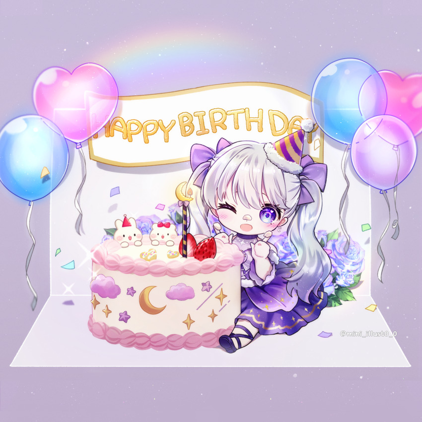 1girl balloon bare_shoulders black_shoes bow candle chibi commission confetti crescent danby_merong dress fire food food_on_face food_on_hand fur-trimmed_headwear fur_trim grey_hair hair_between_eyes hair_bow happy_birthday hat heart_balloon highres long_sleeves original party_hat purple_bow purple_dress purple_eyes purple_sleeves rainbow shoe_soles shoes sitting solo tilted_headwear twintails twitter_username wide_sleeves