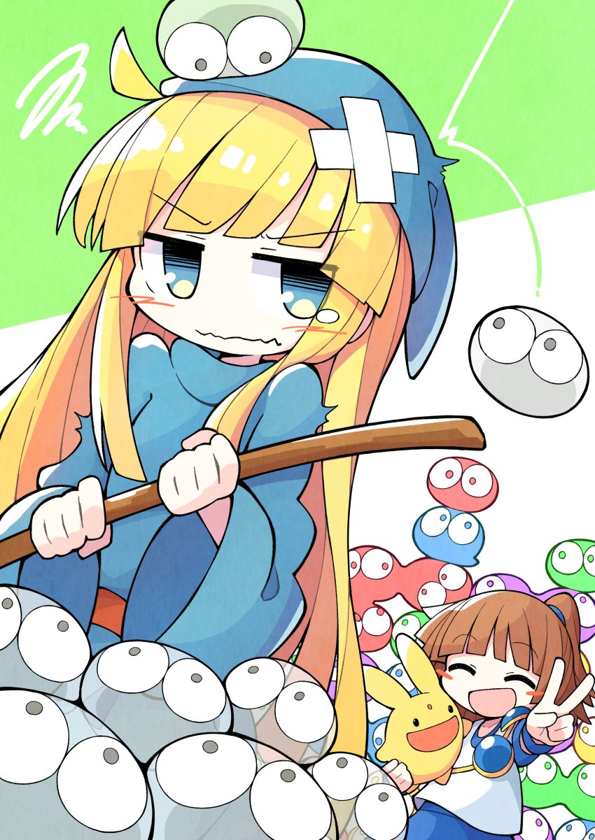2girls absurdres arle_nadja asameshi bandaid bandaid_on_head blonde_hair blue_dress blue_eyes blue_headwear blunt_bangs blush blush_stickers brown_hair carbuncle_(puyopuyo) closed_eyes compile dress green_background highres holding long_hair long_sleeves multiple_girls on_head open_mouth ponytail puyo_(puyopuyo) puyopuyo shirt simple_background smile squiggle tearing_up upper_body v wavy_mouth white_background white_shirt wide_sleeves witch_(puyopuyo)
