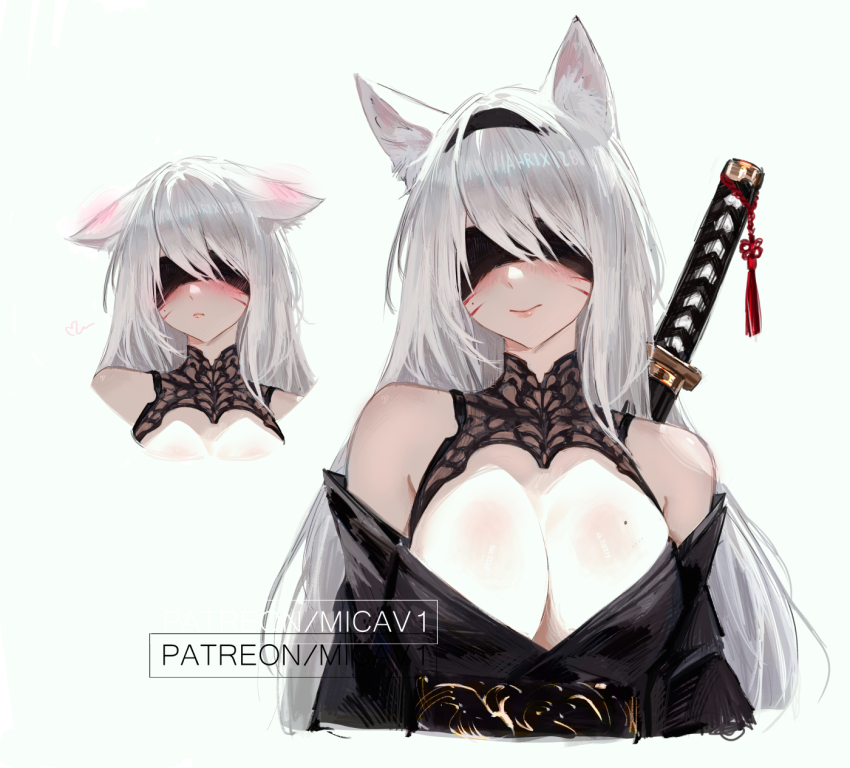 1girl 2b_(nier:automata) alternate_hairstyle animal_ears bare_shoulders belt_around_waist black_dress black_headband blindfold blush breasts cat_ears dress ear_blush headband highres katana lace_collar large_breasts micav1 multiple_views nier:automata nier_(series) simple_background smile sword sword_hilt sword_on_back tassel upper_body weapon weapon_on_back white_background white_hair
