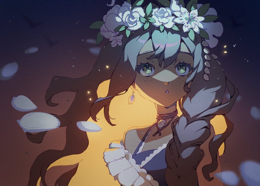 1girl absurdres adversarial_noise aqua_eyes backlighting bare_shoulders blue_dress brown_hair dark-skinned_female dark_background dark_skin dress fatutu flower flower_wreath head_wreath highres long_hair looking_at_viewer reverse:1999 shell sleeveless sleeveless_dress solo takiminada triangle_mouth upper_body white_flower