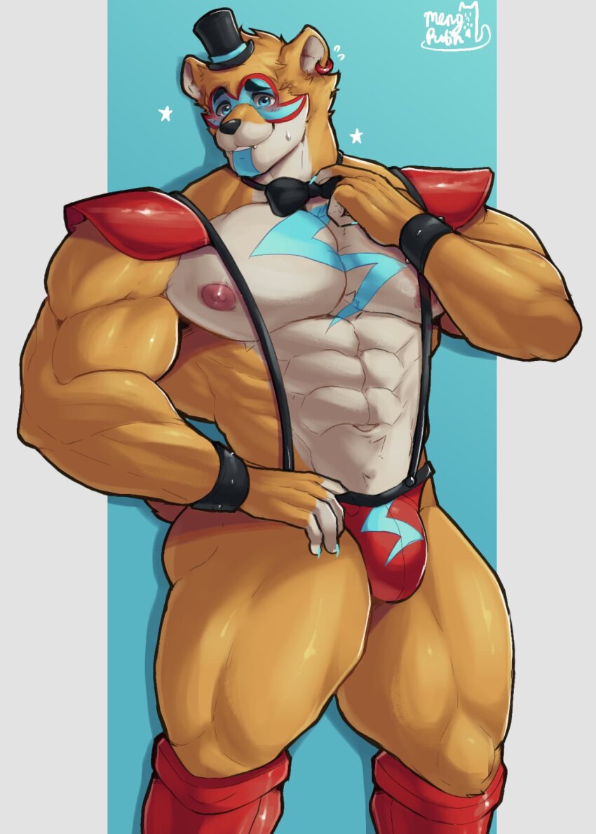 1boy abs animal_ears artist_logo artist_name ass bara bear_boy bear_ears bear_tail black_bow black_bowtie blush bow bowtie bracelet bulge claws commentary english_commentary fangs five_nights_at_freddy&#039;s five_nights_at_freddy&#039;s:_security_breach flying_sweatdrops furry furry_male glamrock_freddy hat highres jcxraf jewelry logo male_focus male_underwear muscular muscular_male navel nipples pectorals red_male_underwear smile spiked_bracelet spikes star_(symbol) suspenders sweatdrop tail top_hat topless_male underwear