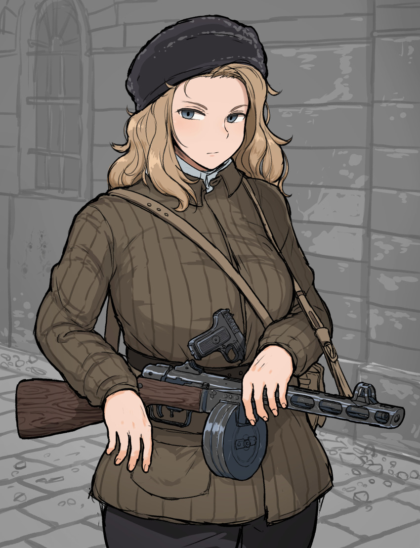 1girl absurdres arched_window black_hat black_pants blonde_hair blue_eyes breasts collared_jacket expressionless green_jacket grey_background gun gun_sling handgun hat highres jacket large_breasts long_sleeves original padded_jacket pants ppsh-41 shirt solo submachine_gun telogreika tokarev_tt-33 tozaumo weapon white_shirt window