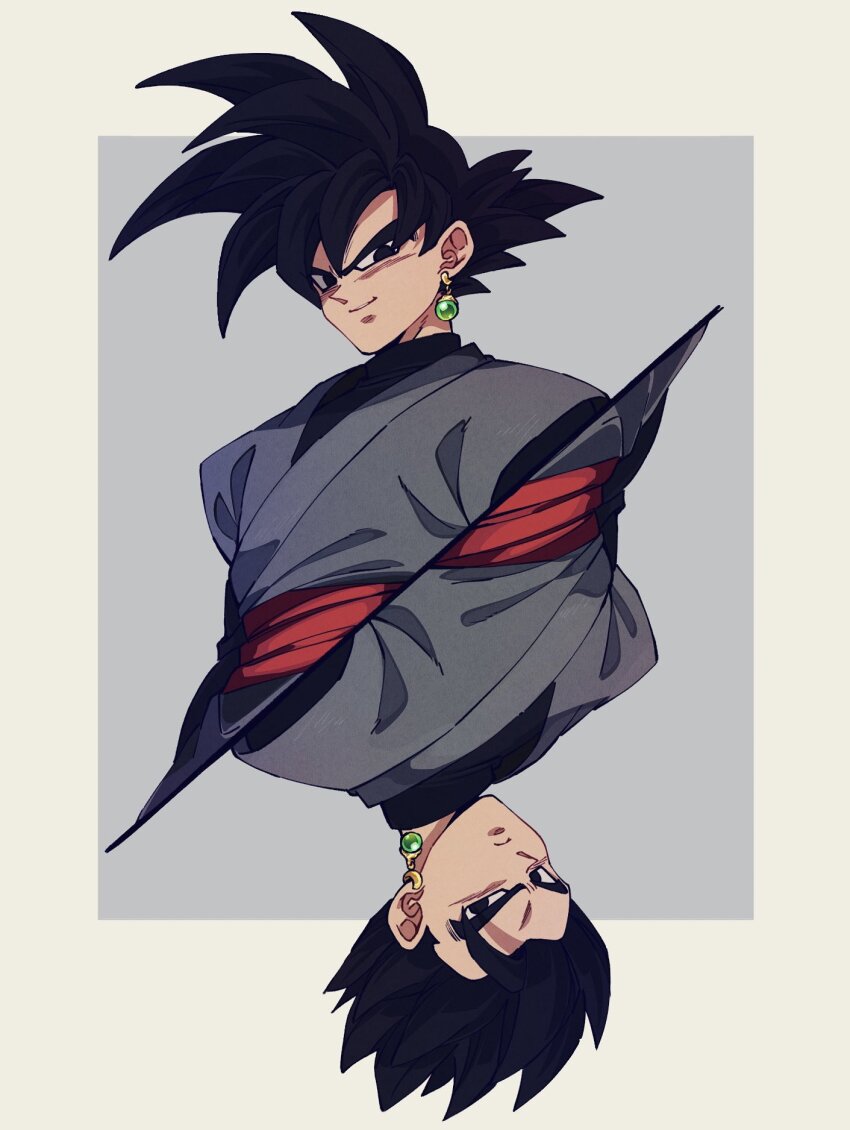 2boys black_eyes black_hair dragon_ball dragon_ball:_sparking! dragon_ball_super earrings goku_black grey_background grey_tunic highres jewelry komesan_0212 male_focus medium_hair multiple_boys potara_earrings red_sash rotational_symmetry sash short_hair simple_background single_earring son_gohan spiked_hair tunic