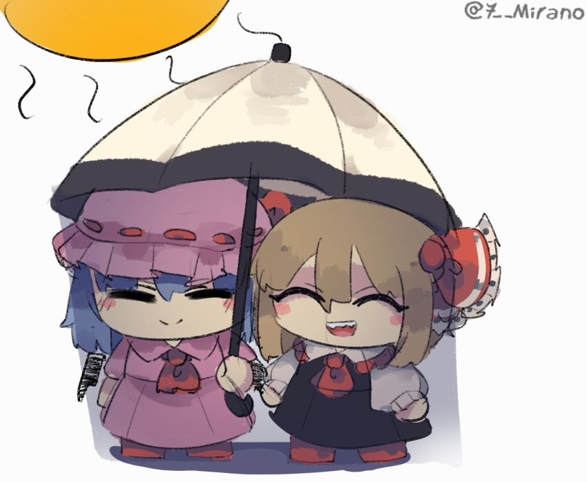 2girls 7-mirano ascot bat_wings black_dress blonde_hair blue_hair chibi closed_eyes closed_mouth dress fumo_(doll) hair_ribbon hat hat_ribbon highres mob_cap multiple_girls open_mouth pink_dress red_ascot red_ribbon red_shoes remilia_scarlet ribbon rumia shoes smile touhou umbrella wings