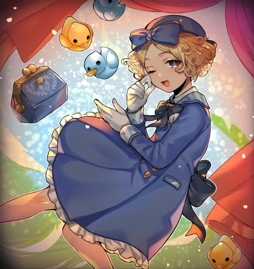 1girl ;d back_bow bag black_bow black_bowtie black_eyes blonde_hair blue_bow blue_dress blue_hat bow bowtie buttons cross-shaped_pupils curly_hair curtains double-breasted dress feet_out_of_frame frilled_dress frills gloves green_eyes handbag hat hat_bow highres identity_v long_sleeves looking_at_viewer official_alternate_costume one_eye_closed open_mouth parted_bangs rubber_duck rubbing_eyes sansai_toritori short_hair smile solo symbol-shaped_pupils tracy_reznik tracy_reznik_(just_around_the_corner) white_gloves