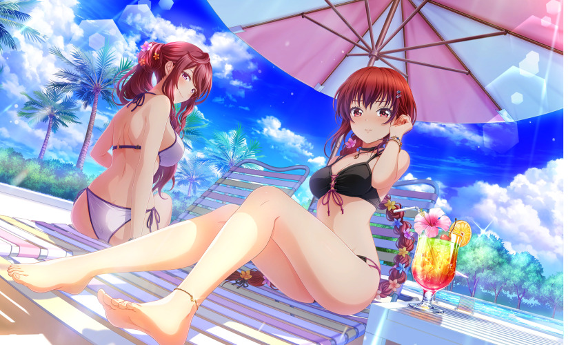2girls barefoot beach_chair beach_umbrella bendy_straw bikini black_bikini blue_flower blush bracelet braid braided_ponytail chair cinderella_series closed_mouth cloud cup day drinking_glass drinking_straw dutch_angle flower food fruit full_body game_cg hachigatsu_no_cinderella_nine hair_flower hair_ornament halterneck hand_in_own_hair high_ponytail highres honjo_chikage jewelry juice kurashiki_maiko lemon lemon_slice lens_flare long_hair looking_at_viewer multiple_girls non-web_source official_alternate_hairstyle official_art on_chair outdoors palm_tree pink_flower ponytail poolside purple_eyes purple_hair red_hair side-tie_bikini_bottom sidelocks single_braid sitting sky smile sparkle string_bikini swimsuit tree umbrella very_long_hair white_bikini yellow_flower