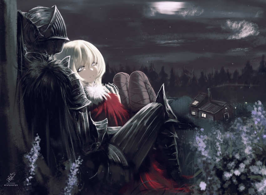 1boy 1girl absurdres armor ars_lycorys black_pantyhose black_souls cape closed_mouth from_behind fur-trimmed_cape fur_trim grey_eyes grimm_(black_souls) helmet highres looking_at_viewer night night_sky outdoors pantyhose red_cape red_hood_(black_souls) short_hair sitting sky smile white_hair
