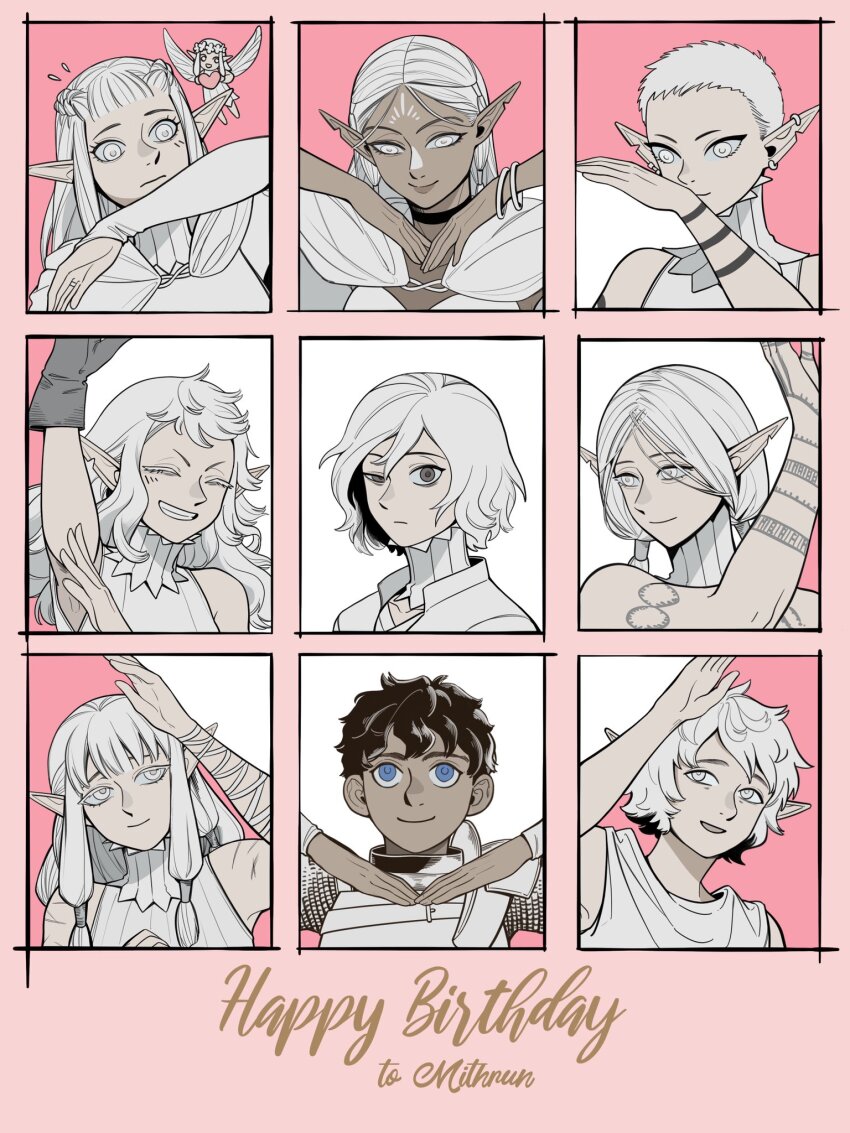 4boys 5girls blue_eyes bracelet brown_eyes brown_hair cithis closed_eyes dark_skin dungeon_meshi earrings elf fleki heart highres jewelry kabru long_hair lycion milsiril_(dungeon_meshi) mithrun mithrun&#039;s_brother multiple_boys multiple_girls otta_(dungeon_meshi) pattadol pointy_ears short_hair tattoo tqcyanciel twintails white_hair