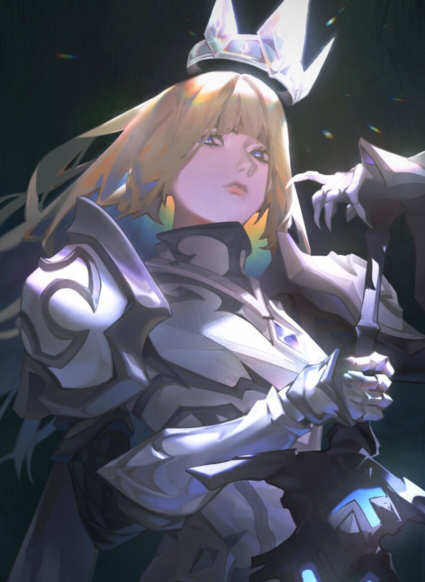 1girl armor blonde_hair blue_eyes crown gauntlets highres hime_cut holding holding_sword holding_weapon long_hair looking_at_viewer magik_(eldritch_armor)_(x-men) magik_(x-men) marvel marvel_rivals official_alternate_costume shoulder_armor simple_background solo sword upper_body weapon x-men zero808w
