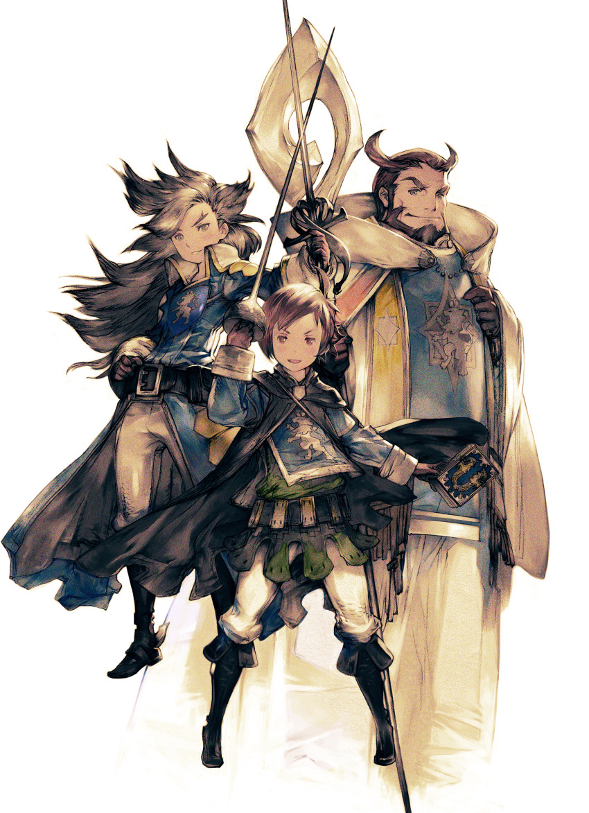 3boys absurdres ahoge beard belt black_belt black_boots black_cape black_hair blue_jacket book boots bravely_default_(series) bravely_second:_end_layer brown_facial_hair brown_gloves brown_hair cape closed_mouth collared_jacket epee facial_hair film_grain gloves green_eyes green_tunic highres holding holding_book holding_staff holding_sword holding_weapon hood hood_down hooded_robe jacket janne_angard long_hair long_sleeves male_focus multiple_boys nikolai_nikolanikov official_art open_mouth pants protected_link rapier robe second-party_source short_hair simple_background smile staff sword tunic v-shaped_eyebrows weapon white_background white_pants white_robe yew_geneolgia yoshida_akihiko