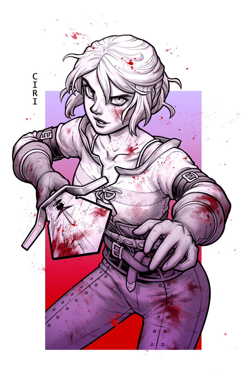 1girl belt blood blood_in_hair blood_on_clothes blood_on_face bloody_weapon bra_strap breasts character_name ciri collarbone commentary cowboy_shot english_commentary facial_scar foreshortening gloves highres holding holding_knife knife limited_palette renedraws scar scar_on_cheek scar_on_face small_breasts smile solo the_witcher_(series) weapon