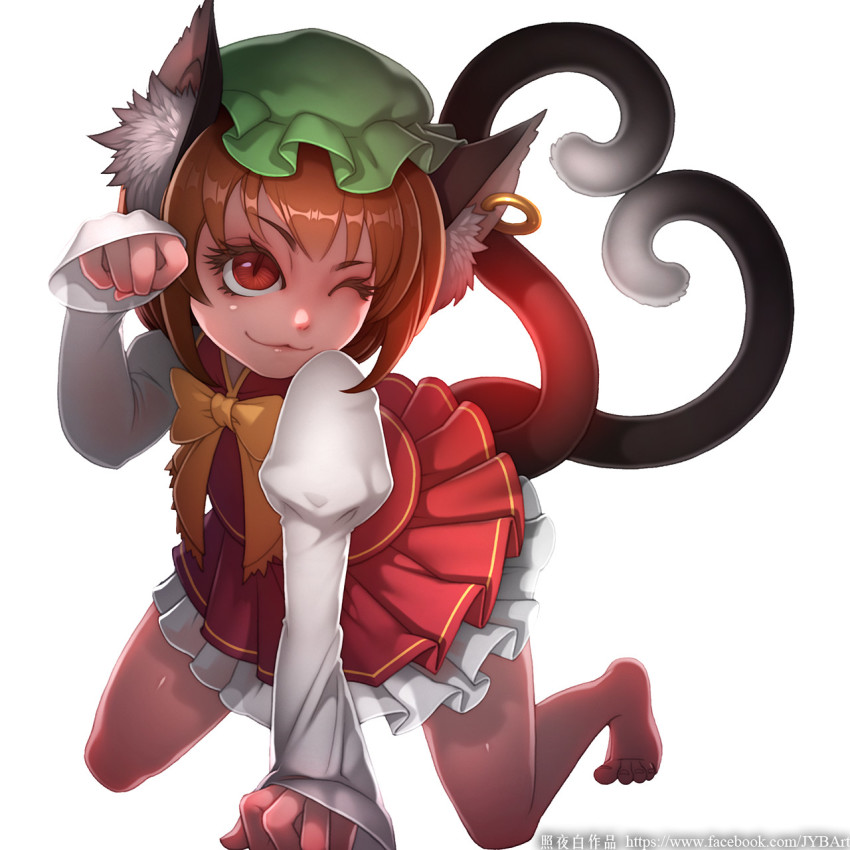 1girl ;3 animal_ear_fluff animal_ears arm_support bare_legs barefoot bow bowtie brown_hair cat_ears cat_tail chen closed_mouth eyelashes flat_chest full_body green_hat hand_up hat heart heart_tail highres juliet_sleeves long_sleeves looking_at_viewer mob_cap multiple_tails nekomata one_eye_closed paw_pose petticoat pleated_skirt puffy_sleeves red_eyes red_skirt red_vest short_hair simple_background skirt sleeves_past_wrists solo tail toes touhou two_tails vest white_background yellow_bow yellow_bowtie zhaoyebai