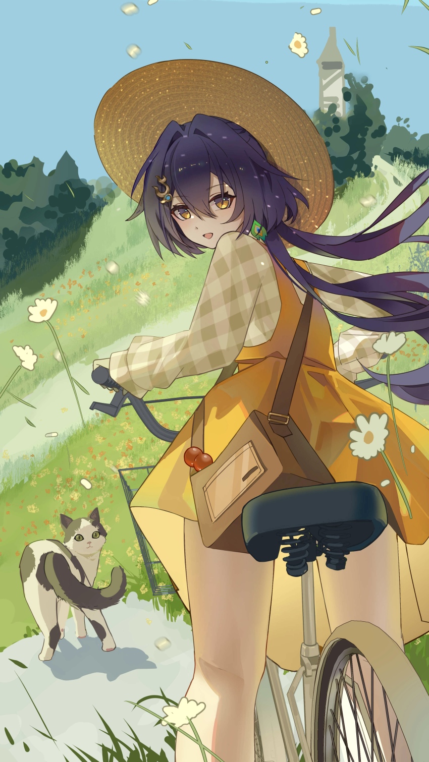 1girl absurdres ai_dongdong alternate_costume bag bicycle blue_hair blue_sky casual cat dress floating_hair from_behind hair_between_eyes hair_ornament hat highres honkai:_star_rail honkai_(series) long_hair long_sleeves looking_at_viewer open_mouth outdoors shoulder_bag sky smile solo sun_hat yellow_dress yellow_eyes yunli_(honkai:_star_rail)