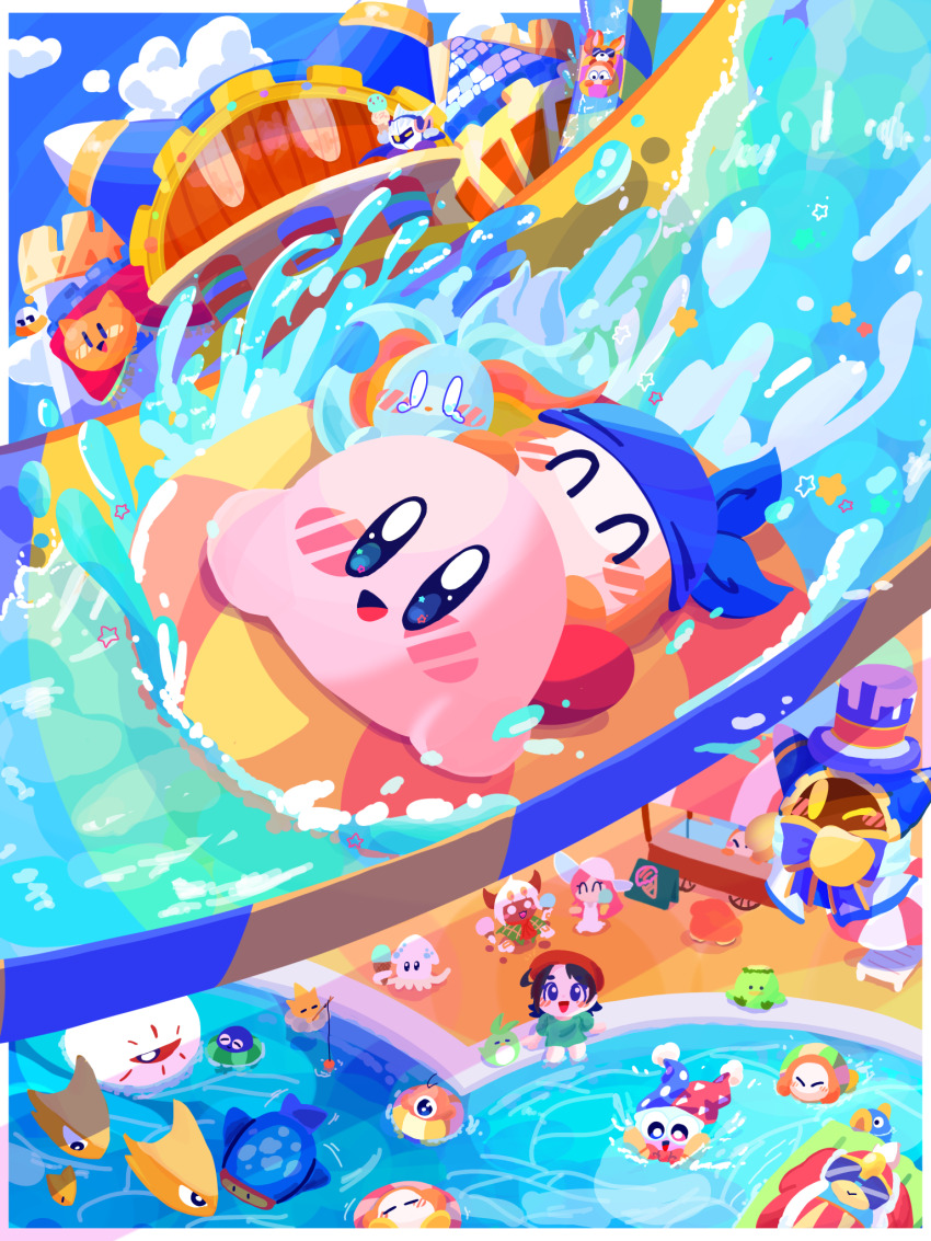 :d ^_^ adeleine amusement_park armor awoofy bandana bandana_waddle_dee beach_chair beach_umbrella beret bird black_hair blank_eyes blue_bandana blue_cape blue_eyes blue_headwear blue_sky blush blush_stickers border bow bowtie building cape chair closed_eyes cloud commentary_request crying day diving_mask double_scoop dress elfilin fish fishing fishing_rod food food_stand fur-trimmed_jacket fur_trim goggles gooey_(kirby) green_shirt hat hataraku_ufo highres holding holding_fishing_rod holding_food holding_ice_cream ice_cream ice_cream_cone ice_cream_stand innertube jacket jester_cap jobski kapar_(kirby) kine_(kirby) king_dedede kirby kirby_(series) long_hair lying magolor mamanti marx_(kirby) mask meta_knight multicolored_headwear nintendo omame_sakana on_back on_cloud one-eyed one_eye_closed open_mouth outdoors outside_border parted_bangs pauldrons pink_hair pitch_(kirby) pool red_bow red_bowtie red_headwear red_jacket scared scarfy shirt short_hair short_sleeves shoulder_armor sky smile soaking_feet soarar splashing squishy_(kirby) standing star_(symbol) star_in_eye sun_hat sundress sunglasses susie_(kirby) swim_ring symbol_in_eye taranza tears top_hat ufo umbrella waddle_dee waddle_doo water water_slide waterpark white_border white_dress white_headwear zero_(kirby) zoos_(kirby)
