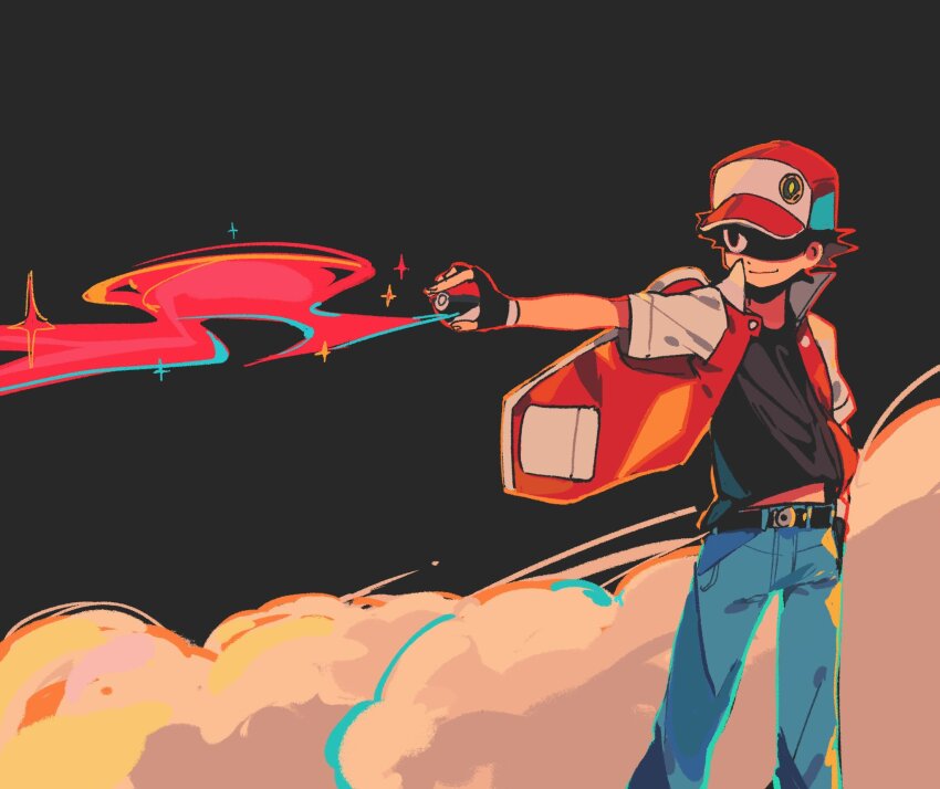 1boy baseball_cap belt black_background black_belt black_gloves black_hair black_shirt blue_pants closed_mouth dust_cloud eyes_in_shadow fingerless_gloves floating_clothes game_freak gloves hand_in_pocket hat highres holding holding_poke_ball jacket ki2ri5 male_focus midriff_peek multicolored_jacket nintendo open_clothes open_jacket open_poke_ball outstretched_arm pants partially_shaded_face poke_ball pokemon pokemon_rgby red_(pokemon) shirt short_hair smile solo spiked_hair two-tone_jacket