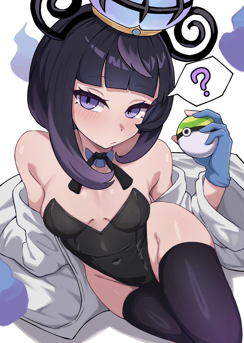 absurdres alternate_costume coat gwynn_(pokemon) hashira_14 highres nintendo playboy_bunny pokemon pokemon_legends:_z-a purple_eyes purple_hair short_hair thighs white_coat