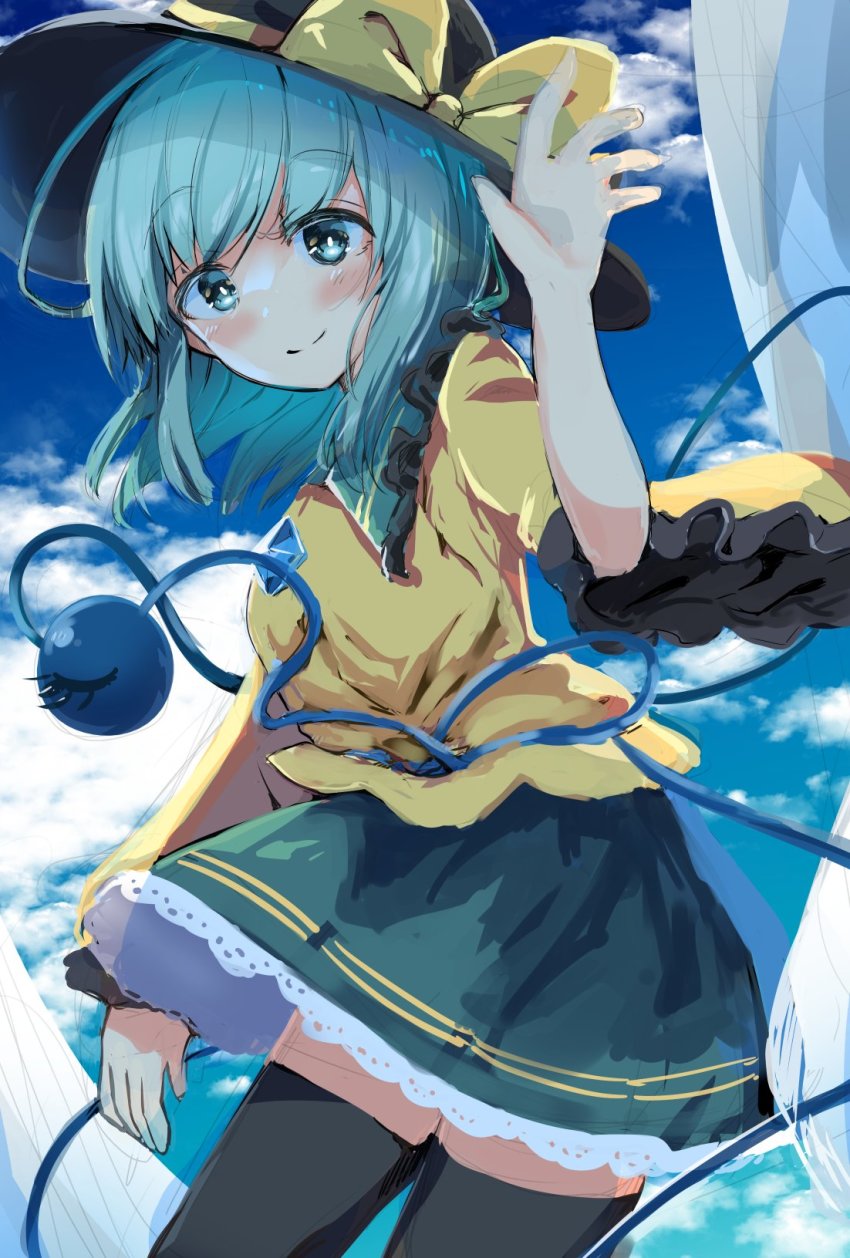 1girl aqua_eyes aqua_hair black_boots black_hat black_thighhighs blouse blush boots bow buttons closed_mouth cowboy_shot diamond_button eyeball frilled_shirt_collar frilled_skirt frilled_sleeves frills green_skirt hand_up hat hat_bow hat_ribbon highres koishi_day komeiji_koishi long_sleeves looking_at_viewer medium_hair rapameri ribbon shirt skirt smile solo thighhighs third_eye touhou wavy_hair wide_sleeves yellow_bow yellow_ribbon yellow_shirt