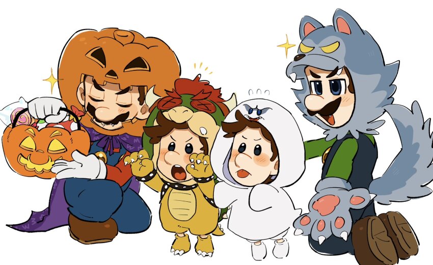 4boys animal_costume baby_luigi baby_mario basket big_nose blue_eyes blue_overalls boo_(mario) boo_(mario)_(cosplay) bowser bowser_(cosplay) brown_footwear brown_hair candy cape child claw_pose closed_eyes commentary cosplay facial_hair fangs food gloves green_shirt halloween highres jack-o&#039;-lantern_head kneeling lollipop luigi mario mario_(halloween) mario_(series) mimimi_(mimimim9999) multiple_boys mustache nintendo open_mouth overalls purple_cape red_shirt shirt shoes simple_background symbol-only_commentary tail teeth toddler tongue tongue_out upper_teeth_only white_background white_gloves wolf_costume wolf_paws wolf_tail