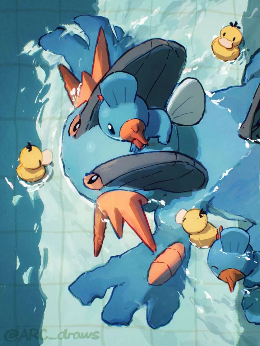 arc_draws black_eyes bright_pupils colored_sclera from_above gen_1_pokemon gen_3_pokemon highres mudkip nintendo no_humans on_head orange_sclera pokemon pokemon_(creature) pokemon_on_head psyduck rubber_duck swampert twitter_username water white_pupils