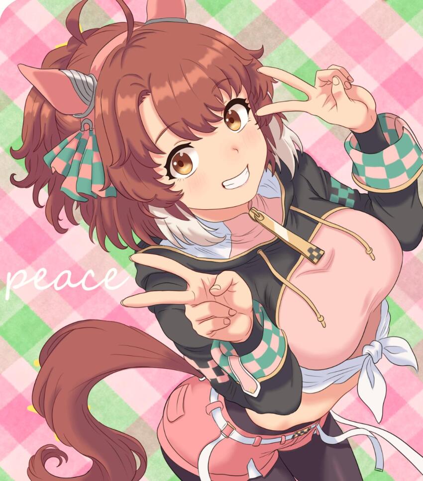 1girl ahoge animal_ears black_leggings black_shrug blush bow breasts brown_eyes brown_hair checkered_ribbon commentary_request dantsu_flame_(center_spotlight)_(umamusume) dantsu_flame_(umamusume) double_v ear_covers ear_ornament ear_ribbon grin hair_between_eyes highres horse_ears horse_girl horse_tail large_breasts leggings leggings_under_shorts looking_at_viewer midriff multicolored_hair open_mouth pink_shirt pink_shorts shirt shorts shrug_(clothing) smile solo sorodansu stomach tail teeth tied_shirt umamusume v white_hair white_shirt
