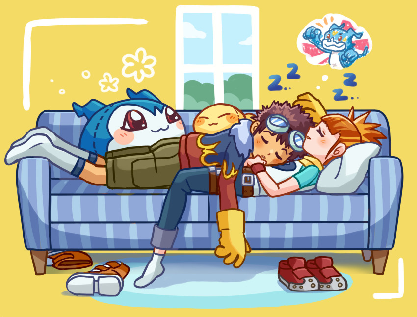 1boy 1girl closed_eyes couch digimon digimon_adventure_02 digimon_tamers dreaming highres lying lying_on_person makino_ruki motomiya_daisuke on_back pokomon_(digimon) rug ryllen shoes simple_background sleeping sleeping_on_person socks stuffed_toy unworn_shoes v-mon window zzz