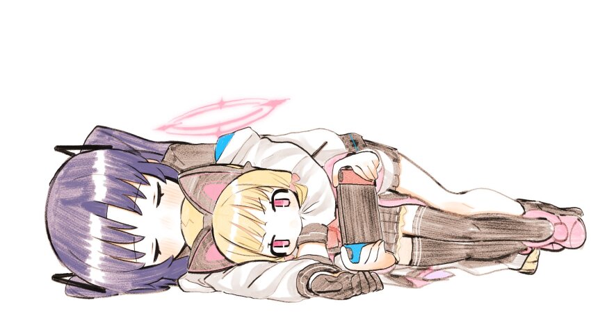 2girls animal_ear_headphones animal_ears black_gloves black_skirt black_thighhighs blonde_hair blue_archive blue_hair bow cat_ear_headphones cuddling fake_animal_ears gloves hair_bow halo handheld_game_console headphones highres holding holding_handheld_game_console jacket long_hair low_twintails lying momoi_(blue_archive) multiple_girls nintendo_ds on_side pink_eyes pink_halo school_uniform shinbashi_seiji short_hair simple_background sketch skirt sleeping thighhighs twintails two_side_up white_background white_jacket yuuka_(blue_archive)