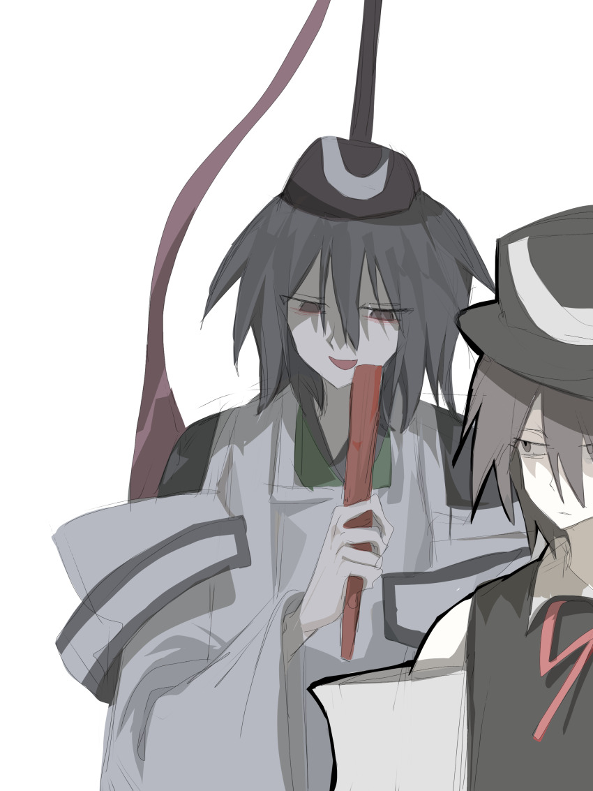 2others 9257536830 absurdres androgynous bare_shoulders black_hair black_hat black_sleeves black_vest chinese_commentary closed_mouth collared_shirt commentary_request detached_sleeves enraku_tsubakura eye_of_senri green_kimono grey_eyes hair_between_eyes hat hat_ribbon highres holding holding_rod japanese_clothes kariginu kimono layered_sleeves len&#039;en light_frown long_sleeves looking_at_another multiple_others neck_ribbon ofuda ofuda_on_clothes open_mouth other_focus red_ribbon ribbon rod senri_tsurubami shirt short_hair simple_background sleeveless sleeveless_shirt smile standing tate_eboshi top_hat unamused upper_body vest white_background white_shirt white_sleeves wide-eyed wide_sleeves