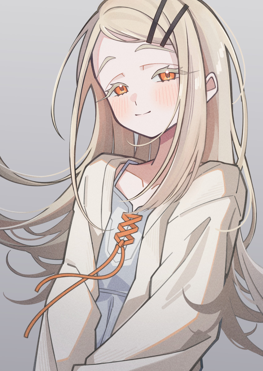 1girl absurdres blonde_hair blush breasts colored_eyelashes gakuen_idolmaster highres idolmaster kafueore long_hair long_sleeves looking_at_viewer orange_eyes shinosawa_hiro small_breasts smile solo