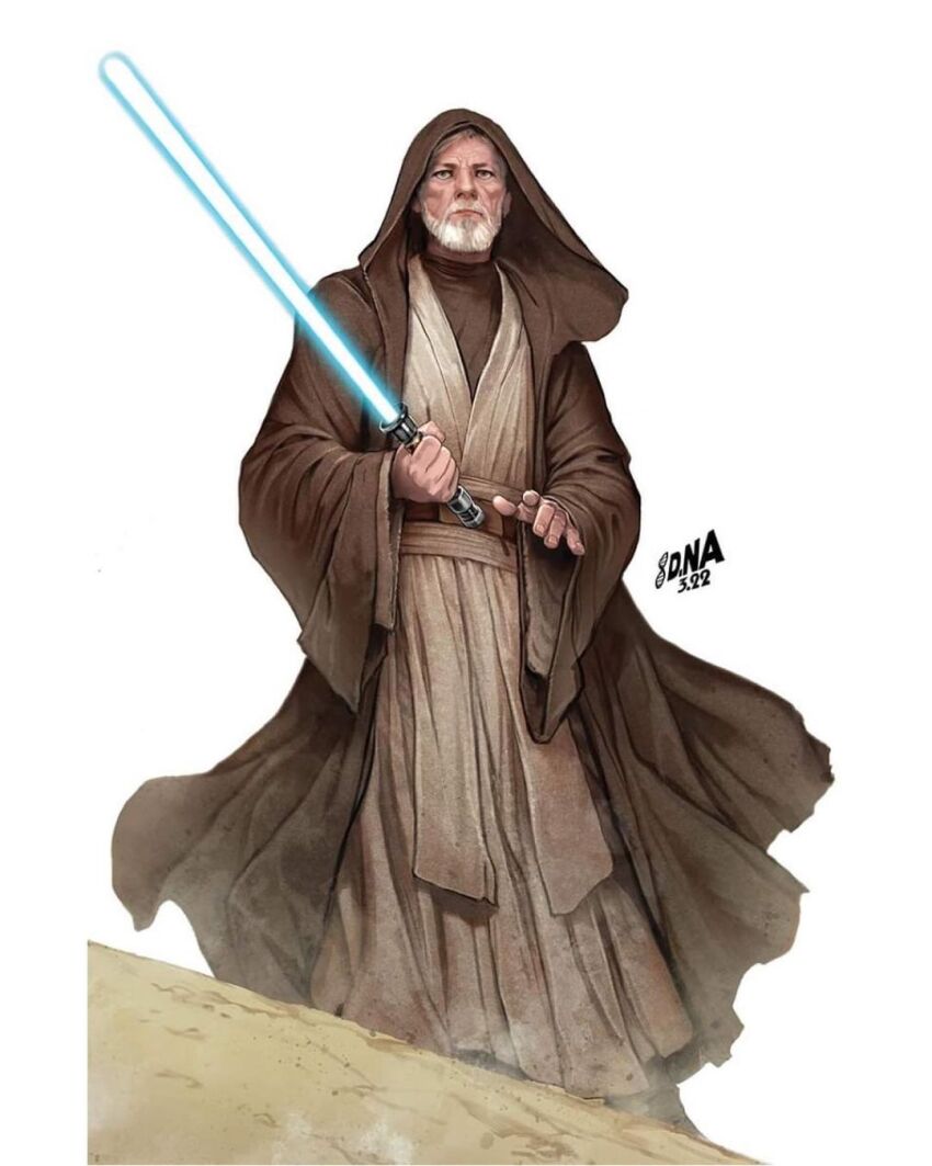 1boy beard blue_lightsaber brown_robe brown_tunic david_nakayama energy_sword facial_hair full_body highres holding holding_sword holding_weapon hooded_robe jedi lightsaber looking_at_viewer obi-wan_kenobi old old_man robe sand solo standing star_wars star_wars:_a_new_hope sword tunic weapon white_background white_hair