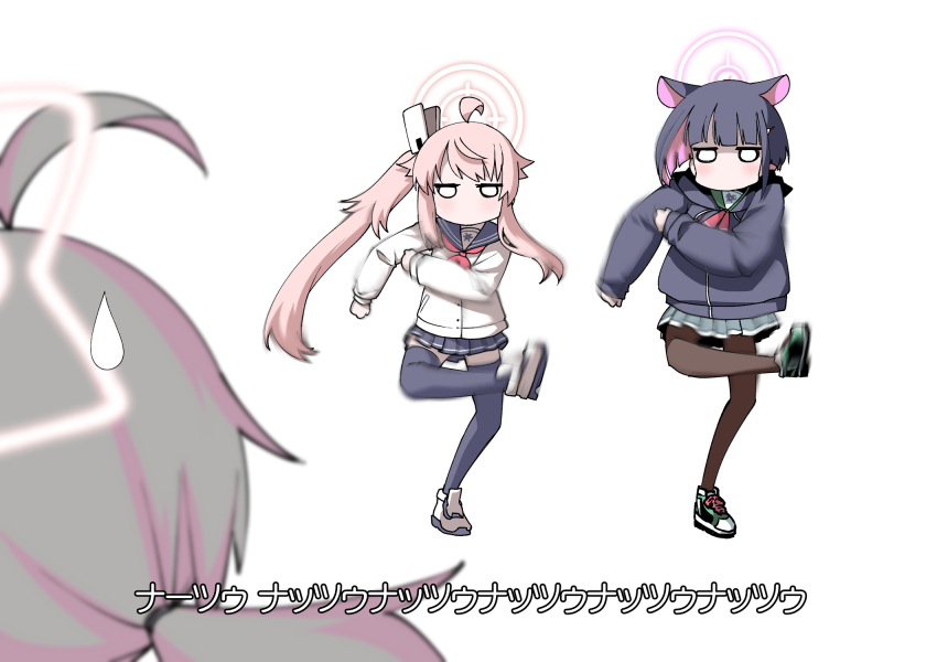 3girls animal_ears black_hair black_jacket black_thighhighs blue_archive bob_cut brown_pantyhose cat_ears colored_inner_hair commentary_request dancing halo highres hitotose_rin jacket jitome kazusa_(blue_archive) long_hair long_sleeves miniskirt motion_blur multicolored_hair multiple_girls natsu_(blue_archive) no_mouth o_o pantyhose parody pink_hair pun reisa_(blue_archive) rrr_(movie) scene_reference school_uniform serafuku shoes short_hair side_ponytail simple_background skirt sneakers standing standing_on_one_leg subtitled sweatdrop thighhighs translation_request two-tone_hair white_background zettai_ryouiki