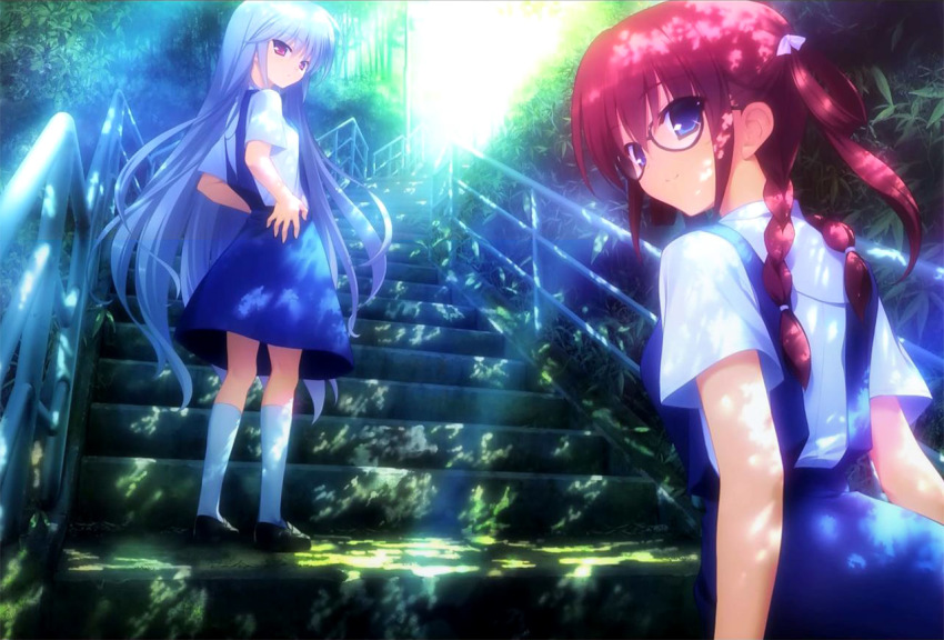 2girls aqua_hair blue_eyes braid dappled_sunlight day frontwing full_body glasses grisaia_(series) grisaia_no_kajitsu hands_on_own_hips kazami_kazuki light_smile long_hair looking_at_viewer looking_back multiple_girls official_art outdoors railing red_eyes red_hair rustic_girl school_uniform shirt short_sleeves skirt socks stairs stairway standing summer_uniform sunlight suou_amane suspender_skirt suspenders tagme twin_braids very_long_hair white_shirt white_socks
