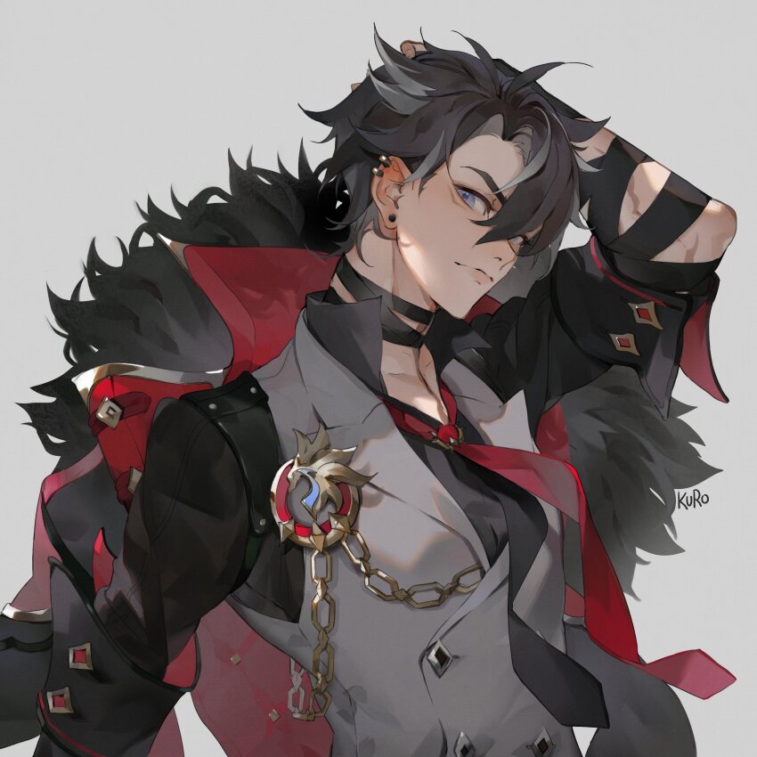 1boy absurdres animal_ears black_gloves black_hair closed_mouth coat commentary earrings english_commentary fingerless_gloves fur_trim genshin_impact gloves highres jewelry kamui_(kurohshiro1) looking_at_viewer male_focus multicolored_hair necktie red_necktie scar scar_on_arm shirt short_hair signature simple_background solo streaked_hair upper_body wriothesley_(genshin_impact)