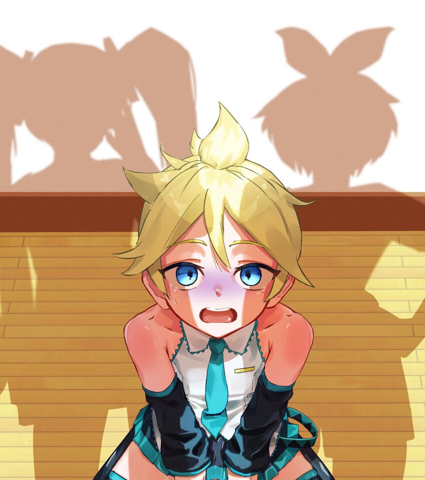 1boy absurdres aqua_necktie bare_shoulders blonde_hair blue_eyes brother_and_sister caught collarbone commentary cosplay crossdressing detached_sleeves from_above hatsune_miku hatsune_miku_(cosplay) highres indoors kagamine_len kagamine_rin kubari long_sleeves looking_up male_focus miniskirt necktie open_mouth pleated_skirt shadow shirt siblings sitting skirt sleeveless sleeveless_shirt solo_focus tears teeth trap turn_pale upper_teeth_only v_arms vest vocaloid white_shirt white_vest