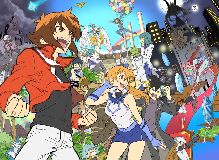 6+boys 6+girls ancient_city_rainbow_ruins bad_id bad_pixiv_id black_hair blonde_hair brown_eyes brown_hair clock_tower_prison cyber_tutu dark_city dark_tyranno demon demon_boy demon_girl destiny_hero_dreadmaster destiny_hero_plasma dinosaur dragon duel_academy_uniform_(yu-gi-oh!_gx) duel_monster edo_phoenix facepalm fujiwara_yuusuke hero_signal kaibaman kozaky long_hair manjoume_jun marufuji_ryo marufuji_sho misawa_daichi multiple_boys multiple_girls neo-spacian_aqua_dolphin obelisk_blue_uniform ojama_black ojama_green ojama_yellow osiris_red_uniform outdoors ra_yellow_uniform rainbow_dragon saotome_rei school_uniform sky tania_(yu-gi-oh!) tenjouin_asuka tenjouin_fubuki tyranno_kenzan volcanic_rocket yu-gi-oh! yu-gi-oh!_gx yubel yuki_judai