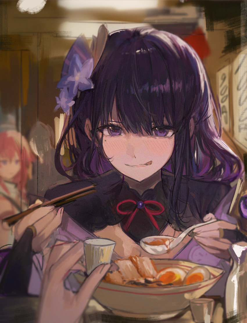 2girls absurdres blunt_bangs blurry blurry_background bottle bowl choko_(cup) chopsticks cup food genshin_impact hair_ornament highres holding holding_chopsticks holding_cup holding_spoon indoors japanese_clothes light_blush looking_at_food looking_down mole mole_under_eye multiple_girls noodles pov pov_hands purple_eyes purple_hair qqkkay raiden_shogun spoon tongue tongue_out yae_miko