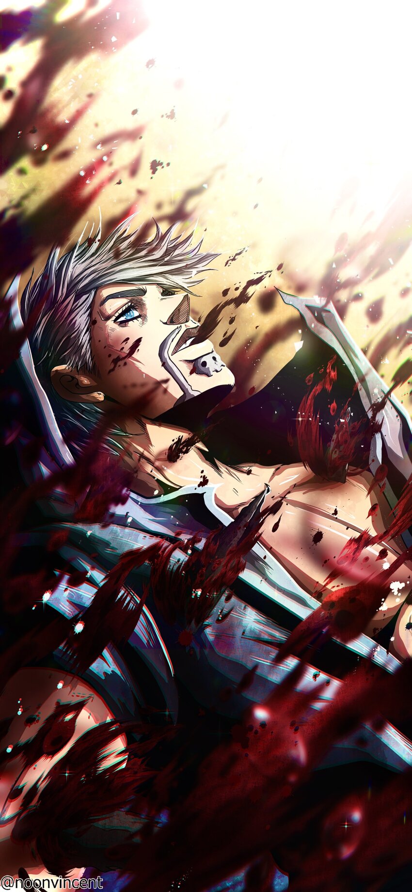 1boy absurdres artist_name blood blood_from_mouth blue_eyes breasts cleavage_cutout clothing_cutout facial_hair high_collar highres jojo_no_kimyou_na_bouken long_mustache mustache noonvincent pectorals ringo_roadagain shirt short_hair short_sleeves steel_ball_run white_beard white_hair white_shirt