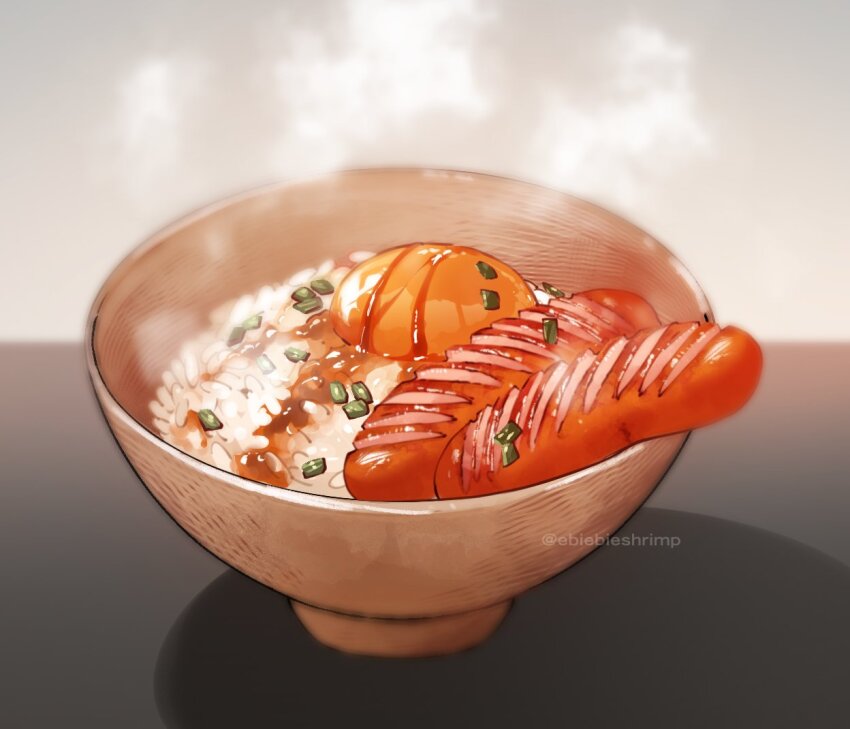 bowl chopped_spring_onion commentary_request egg egg_yolk food food_focus no_humans original raw_egg rice rice_bowl sausage shadow shuri_(84k) soy_sauce spring_onion steam tamagokake_gohan twitter_username