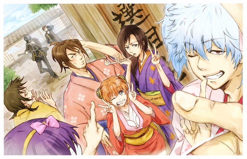 1girl 6+boys black_hair blue_eyes brown_eyes brown_hair collarbone conone gintama highres hijikata_toushirou kagura_(gintama) katsura_kotarou kondou_isao long_hair looking_at_viewer multiple_boys okita_sougo one_eye_closed orange_hair outdoors purple_hair sakata_gintoki shimura_shinpachi short_hair silver_hair v yamazaki_sagaru