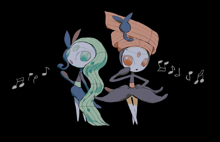 arm_up black_background commentary crossed_legs gen_5_pokemon green_eyes green_hair hand_on_own_hip highres legendary_pokemon long_hair looking_to_the_side meloetta meloetta_(aria) meloetta_(pirouette) musical_note mythical_pokemon naqna nintendo open_mouth orange_eyes pokemon pokemon_(creature) sideways_glance standing symbol-only_commentary watson_cross