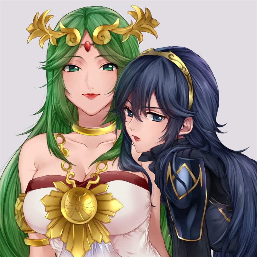 2girls armor bare_shoulders blue_eyes blue_hair breasts chain closed_mouth crossover dress fire_emblem fire_emblem_awakening forehead_jewel green_eyes green_hair jewelry kid_icarus kid_icarus_uprising large_breasts lipstick long_hair looking_at_viewer lucina_(fire_emblem) makeup medium_breasts multiple_girls neck_ring necklace nintendo palutena side-by-side simple_background super_smash_bros. tiara upper_body