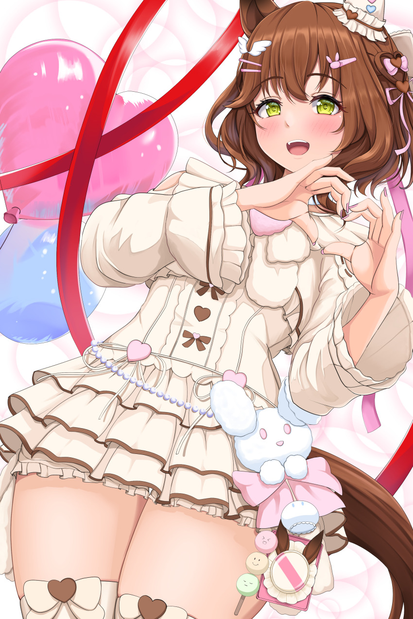 1girl four-finger_heart_hands absurdres animal_ears aston_machan_(everlasting_candy)_(umamusume) aston_machan_(umamusume) balloon blush breasts brown_hair commentary_request green_eyes hachi7515 hair_between_eyes hair_ornament heart heart_balloon heart_hands highres horse_ears horse_girl horse_tail looking_at_viewer medium_breasts medium_hair official_alternate_costume open_mouth smile solo tail umamusume white_background