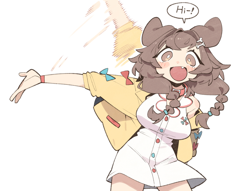 1girl animal_ears blush bone_hair_ornament braid breasts brown_eyes brown_hair cocomayo29_(tomato) collar commentary dog_ears dog_girl dress hair_ornament highres hololive inugami_korone inugami_korone_(1st_costume) jacket large_breasts looking_at_viewer open_mouth solo symbol-only_commentary twin_braids virtual_youtuber waving white_background white_dress yellow_jacket