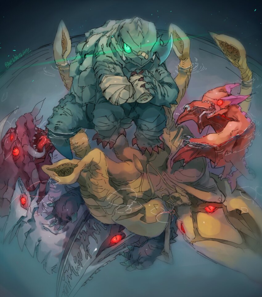 amputee artist_name aryachebna_6494 bandaged_arm bandages bandaid bandaid_on_face bandaid_on_nose chibi engi_(animation_studio) extra_eyes fish gamera gamera_(series) gamera_-rebirth- glowing glowing_eyes gouged_eye green_eyes guiron gyaos horns injury jiger kadokawa kaiju lizard looking_at_viewer manta_ray monster no_humans octopus one-eyed open_mouth partially_submerged red_eyes ripples sea_monster shark sharp_teeth shuriken signature single_horn skate_(fish) slit_pupils squid standing_on_water stingray submerged suction_cups swimming sword tail talons teeth tentacles tongue tongue_out turtle tusks underwear viras walking_on_water water weapon wings zigra
