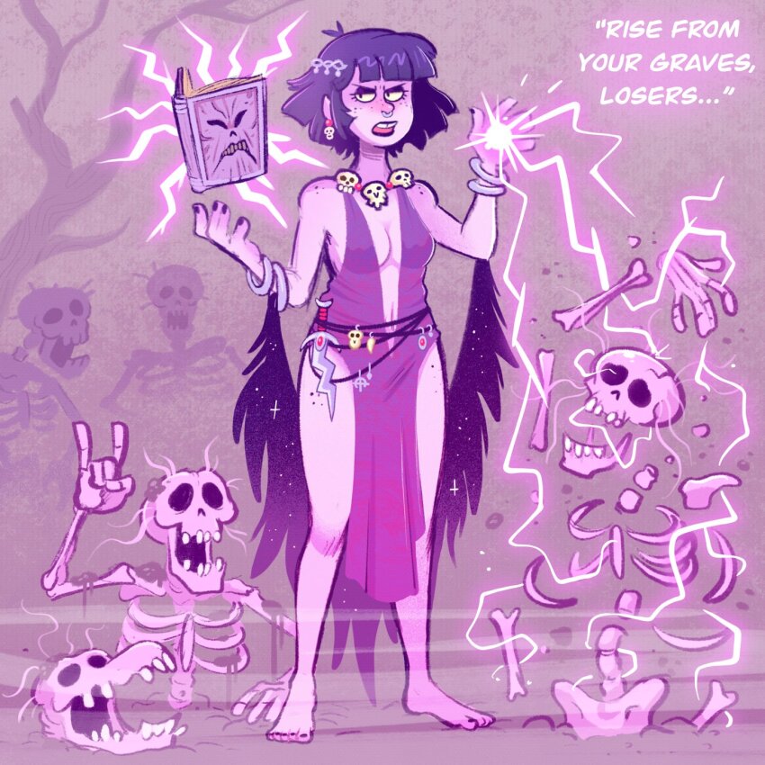 \n/ annoyed barefoot black_nails bone book breasts cleavage commentary dress english_commentary fantasy floating floating_book floating_object gradient_clothes graveyard highres kris_(weapon) magic mostlyghostly necromancer necronomicon nose_piercing nose_ring original piercing pile_of_corpses purple_dress purple_hair purple_lightning short_hair skeletal_arm skeletal_hand skeleton skull skull_ornament speech_bubble undead wizard